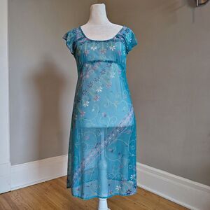 Vintage Y2K Floral Mesh Overlay Mini Dress, Empire Waist, Fairycore, Size 4P